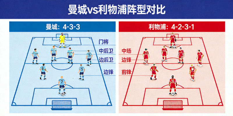 足球比赛战术分析板展示曼城与利物浦的阵型对比