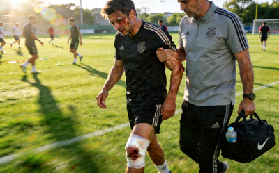 足球运动员在训练中受伤被队医搀扶离场